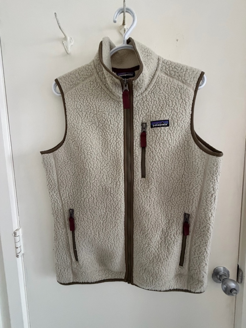Patagonia Cream Sherpa Fleece Jacket with Burgundy Trim